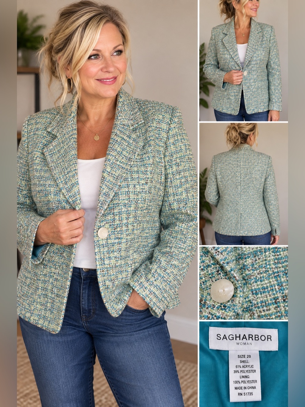 Sag Harbor Blazer size 20 has shoulder pads aqua blue sea foam green